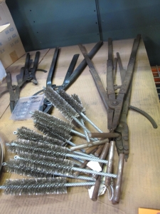 LOT TO INCLUDE: (1 BOX+ 10) STEEL BRUSHES, (4) WALDES TRUARC PLIERS, (6) MILFORD SANFLEX DRAGON SAW BLADES, (1 BOX) DUST MASKS. LOADING & HANDLING FEE $15-4553